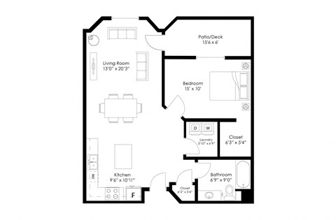 Floor plan for 1 bed, 1 bath, 800 sqft